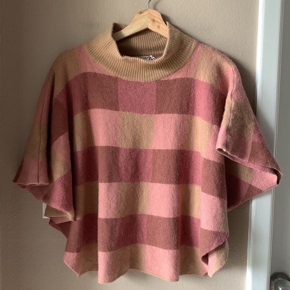 NOTE DI ANITA Merino Wool Made in Italy Plaid Cropped Mock Turtleneck Poncho - Picture 4 of 9